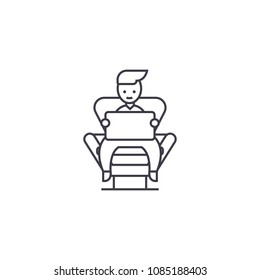 boy with a laptop at home vector line icon, sign, illustration on background, editable strokes