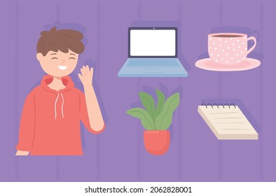 boy laptop and notepad learn icons