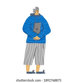 Boy with laptop on white background. Young adult character standing full lenth. Vector flat illustartion.
