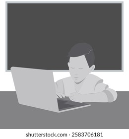 Boy with laptop sitting at desk against blackboard background in grayscale. Online study design idea