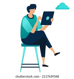 boy with laptop sitting on chair. Home office, freelance, work remotely or studying online. Vector illustration, flat style.