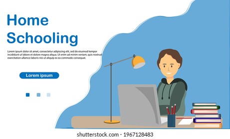 A boy at the laptop sitting at the table, home schooling concept, flat vector illustration