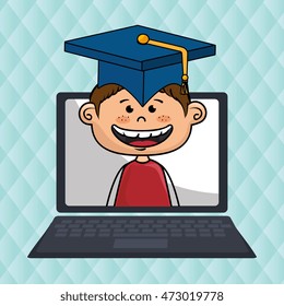 boy laptop student cap vector illustration design