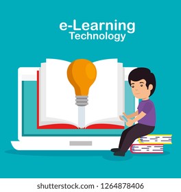 boy with laptop technology bulb idea and books