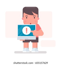 Boy and laptop. Vector illustration on a theme of danger of children on the Internet svg