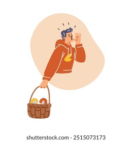 Boy with a large basket of mushrooms got lost in the forest. Man screams in fear in the wilderness. Lack of navigation. Extremely dangerous situation. Portrait. Vector illustration on white background