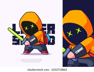 boy laser sword character illustration, icon vector, flat cartoon style.