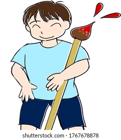 Boy laughing with a paintbrush