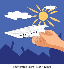 The boy launches a paper airplane