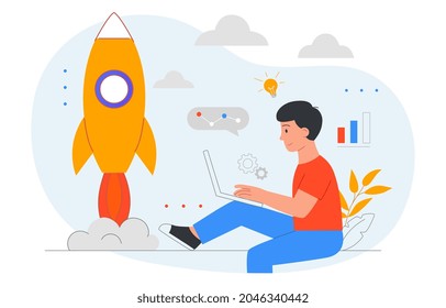 Boy launching rocket. Modern technologies, development of new devices, remote control. Weekend summer hobby activities, invention. Cartoon flat vector illustration isolated on white background