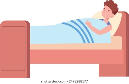 Boy lay in bed. Kid resting at night. Child bedroom isolated on white background