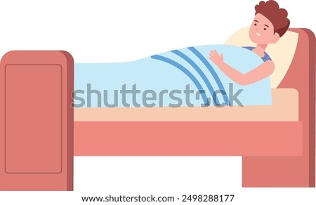 Boy lay in bed. Kid resting at night. Child bedroom isolated on white background