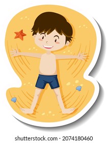 A boy lay down on the sand cartoon sticker illustration