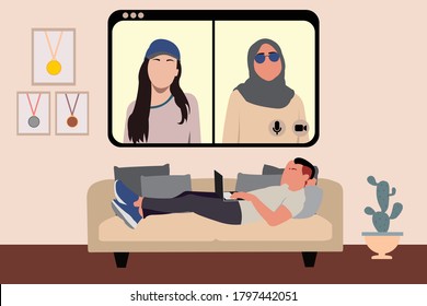 Boy lay down on sofa while doing virtual hangout during pandemic outbreak. Online hangout virtual meeting. Video chat physical distancing. New normal daily routines. Flat vector illustration.