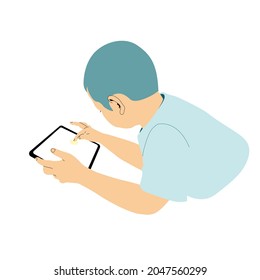 A boy lay down and using a tablet. his hand hold tablet and use finger touch on screen. Flat vector.