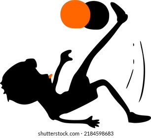 Boy lays down on the floor and plays football with two balls orange and black