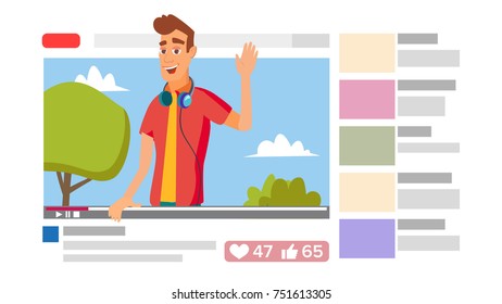 Boy Leading Online Stream Channel. Online Internet Streaming Video Concept. Cartoon Flat Illustration