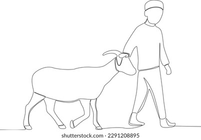 A boy leads a sacrificial goat to the mosque. Eid al-Adha one-line drawing