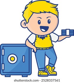 Boy Lean on Deposit Box and Holding a Stack of Money Illustration