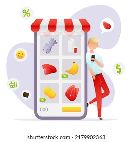 El chico se apoyó en grandes teléfonos y compras, hace compras en línea en la tienda de comestibles, aislado de fondo blanco. Ilustración vectorial para postal, banner, web, publicidad, diseño, artes, artículos.