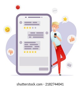 Boy leaned on big phone, appreciating Feedback with stars in support chat isolated on white background. Vector illustration for postcard, banner, web, advertising, design, arts, articles.