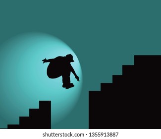 A boy leaping across a staircase void landing. Vector illustration. 