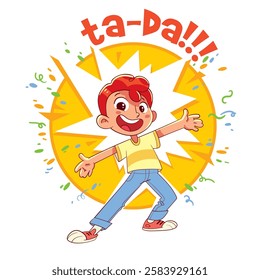 The boy leaps forward tearing up the advertising template with a joyous exclamation of ta-da. Children advertising template for your design. Colorful cartoon characters. Funny vector illustration