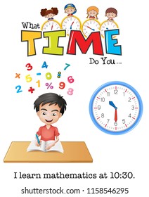 A boy learn mathematics at 10:30 illustration
