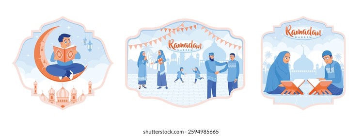 Boy learn to read the Koran. Muslim people greet each other and shake hands. Muslim couple reading and studying the Quran. Ramadan Kareem concept. Set flat vector illustration.