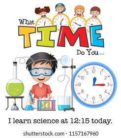 A boy learn science at 12:15 illustration