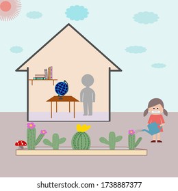 A boy is learning about the globe and a girl is watering some cactus which is blooming at outdoor. Activity stay at home in COVID-19 pandemic. New normal concept.
