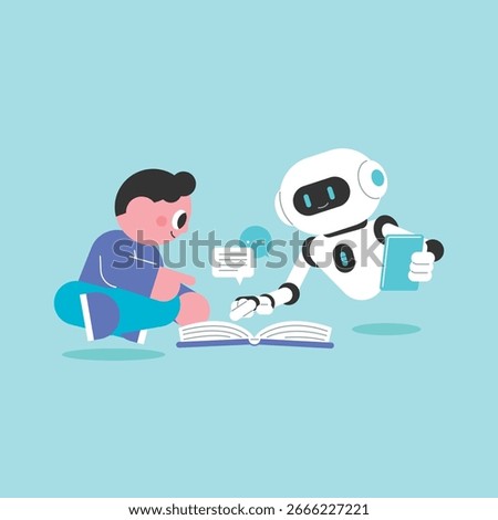 Boy Learning with AI Robot from a Book