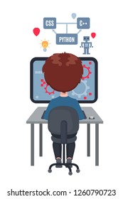 Boy learning coding on laptop in school. Concept of informatics lesson at school. Vector illustration isolated on white background. Design for banner, poster or website.