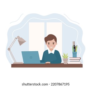 Boy learning with a computer and books. Online education. Vector illustration 