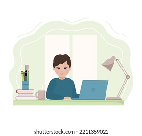 Niño aprendiendo con una computadora y libros. Educación en línea. Ilustración del vector 