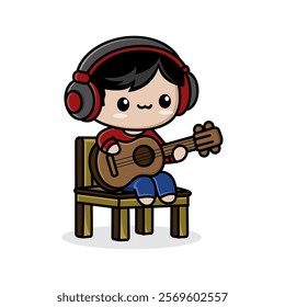 A boy learning guitar character. Cartoon design for learning music education. Cute Music school mascots design. A boy icon using headset and play guitar