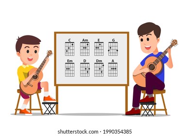 a boy learning guitar with his teacher