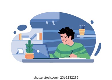 Junge lernen von Home Illustration Konzept. Eine flache Illustration einzeln auf weißem Hintergrund