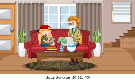 Boy learning from home on electronic device illustration