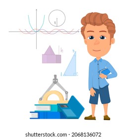 Boy learning math. Geometry studying concept, Cartoon kid student