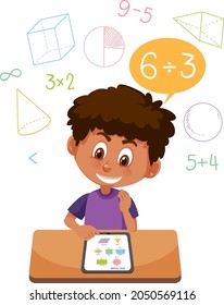 Boy learning math using tablet illustration