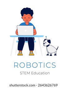 Boy Learning Online com Robot Dog STEM e AI Education Concept. Kid Programming at Laptop with Robotic Pet Remote Learning Illustration (Programação de crianças em notebook com ilustração de aprendizado remoto de animais de estimação robóticos) Futuro da Tecnologia da Educação Infantil e Robô para Crianças