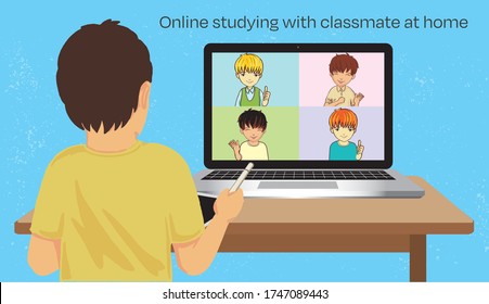 Boy learning online studying with classmate at home, zoom meeting video/web conference on computer at home, New normal concept