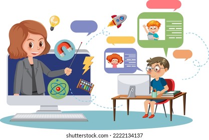 A boy learning online vector illustration