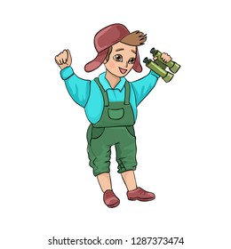 A boy learning orienteering, or playing children's games. Child rejoice and smile, in the hands the binoculars