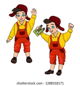 A boy learning orienteering, or playing children's games. Child rejoice and smile, in the hands the binoculars