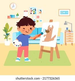 Boy Learning To Play Painting Dog With Brush And Paint In Living Room. Imaginative Creative Child