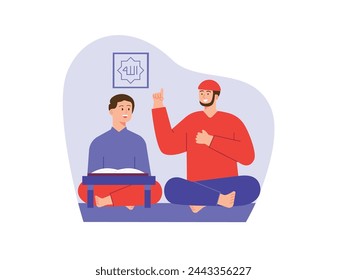 A boy is learning to read the Quran with an Islamic teacher in a room. Character design. Vector flat illustration