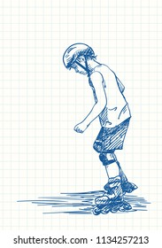 Boy learning to skate on rollers, Blue pen sketch on square grid notebook page, Hand drawn vector illustration