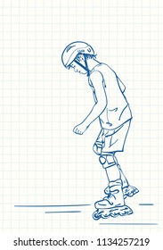 Boy learning to skate on rollers, Blue pen sketch on square grid notebook page, Hand drawn vector linear illustration